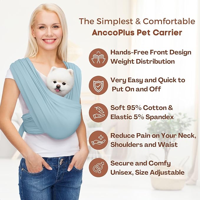 AnccoPlus Dog Carriers for Small Dogs, Front Facing Dog Sling Carrier, Hands Free Cat Carrier, Size Adjustable, Reducing Back Pain, Premium Cotton, Safe and Soft Dog Carrier (Plus, Baby Blue)