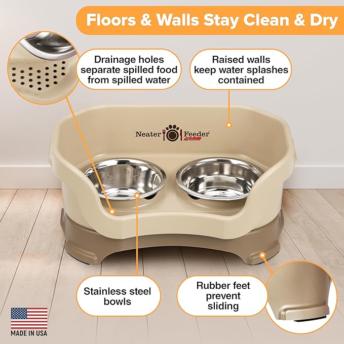 Neater Pet Brands Neater Feeder Deluxe Mess Proof Cat Bowls Elevated, Made in USA, No Spill Raised Bowls for Indoor Cats, Stainless Steel Food and Water Bowl Set, Pet Dish Feeding Station, Cappuccino