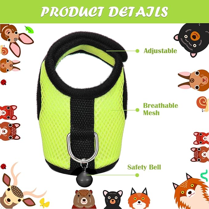 SATINIOR 2 Sets Guinea Pig Harness and Leash Adjustable Soft Mesh Harness Bell No Pulling Comfort Vest for Baby Ferret Rats Hamster Bunny Rabbit Chinchilla and Small Pet(Green, Pink,S)