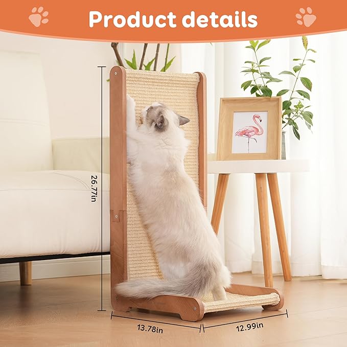 Sisal Cat Scratcher for Indoor Cats, Beechwood Base, Natural Sisal Woven Scratch Pad, Durable Scratching Post, Furniture Protector (L1)
