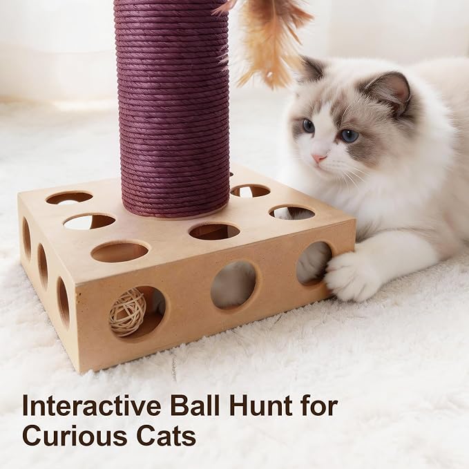 Cat Scratching Board 3 in 1 with Scratching Post, Rotating Teaser Wand & Bell Ball, Cat Nail File Enrichment Box for Indoor Cats Kitten, Interactive Cat Toys for Boredom Relief