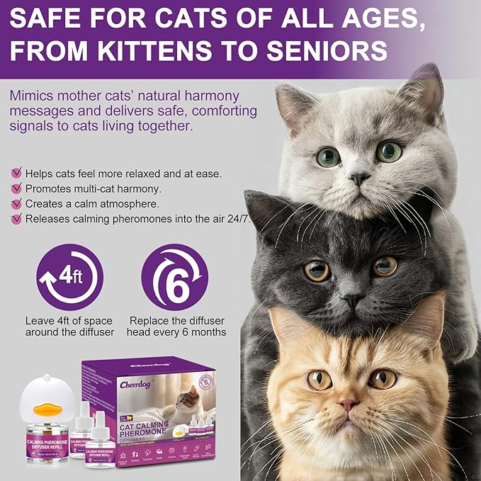 Cheerdog Cat Pheromones Calming Diffuser Relieve Anxiety Stress Cat Calming Diffuser Comfort for Cats 3 Refills, Reduce Fighting and Scratching Calm Relaxing Fits All Cats