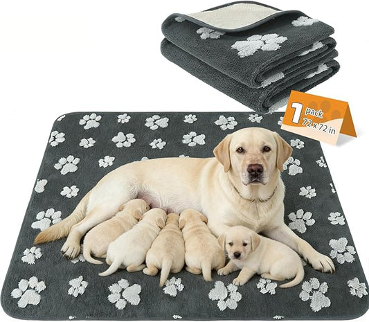 KOOLTAIL Washable & Waterproof Dog Whelping Pad for Large Dogs, 72x72in Super Absorbent & Soft Warm Plush Puppy Pads Potty Training, Quick Dry Reusable Pet Mats for Whelping Box Supplies,Playpen,Crate