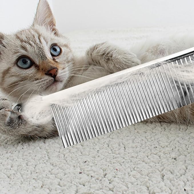 Flezoo 2PCS Dog and Cat Brush, Stainless Steel Pets Grooming Comb Kit, Detangler Deshedding Brush, Metal Knots Hair Remover 6.4" 7.5"