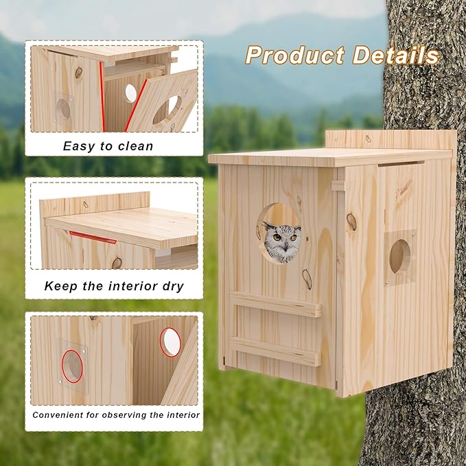 Solar-Powered Smart Owl House with Camera - Outdoor Hanging Wooden Nesting Box, Real-Time View & Motion Detection, for Garden for 2.4g WiFi Coverage Area, for Owl Lovers