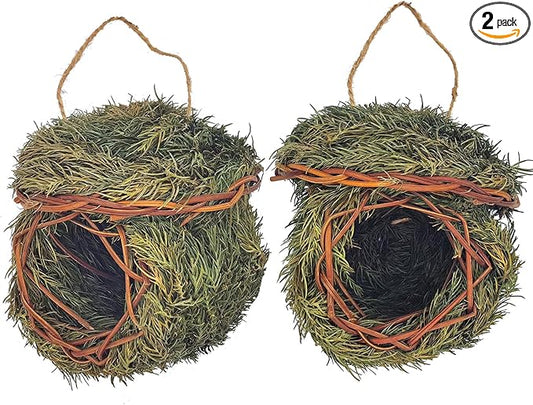 2 Pack Green Grass Birdhouse for Outside Garden Decoration Hanging Bird Hut Bird Nest Cozy Resting Place for Wild Birds (About 3.5-4.5inch)