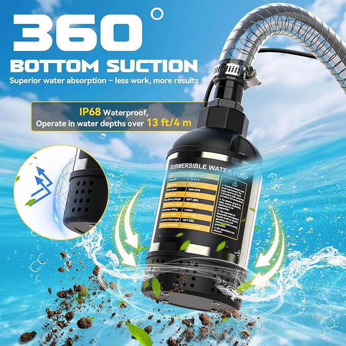 Ecarke Cordless Submersible Water Pump Compatible with Dewalt 20V Battery, 1268GPH Brushless High Flow Sump Pump with 6.5ft Hose, Portable Electric Water Pump for Swimming Pool Draining (Tool Only)