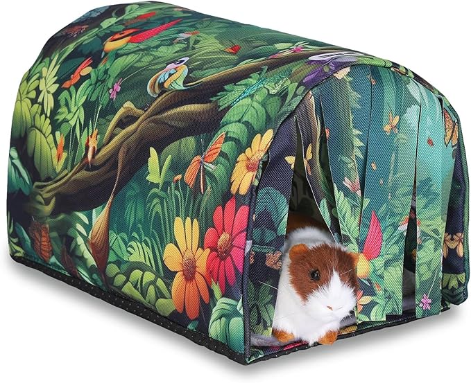 IBWell Guinea Pig Hideout Tunnel with Curtains Cute Forest Bunny Hideaway for Cage Accessories Washable Soft Hedgehog Hides and Houses