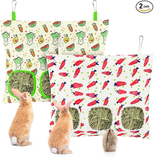 UPINS 2 Hay Bag for Rabbits 3-Hole Hanging Hay Feeder Guinea Pig Hay Bags, Hay Feeder for Rabbits Chinchillas Hamsters Small Pets and Animals