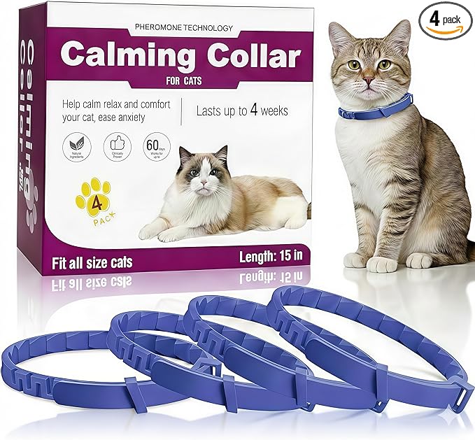 Calming Collar for Cats, Pheromone Infused for Anxiety Relief & Stress, Adjustable & Waterproof, 4 Pack(Blue)