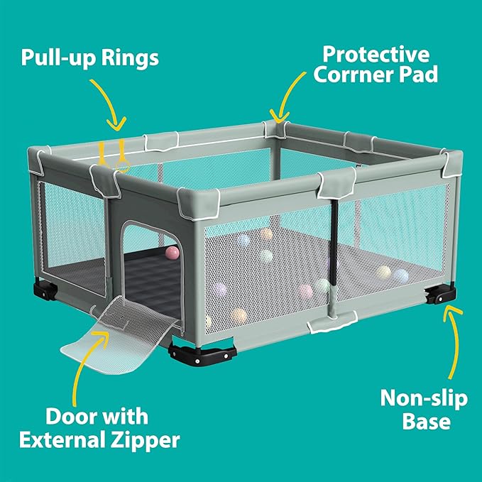 ICAREWAY Foldable Playpen for Babies and Toddlers, 71"x59" Inches Portable Playpen with Mat, Kids Collapsible Play Pen with 2 Handlers, Indoor & Outdoor Baby Play Area with Visible Mesh (Light Green)