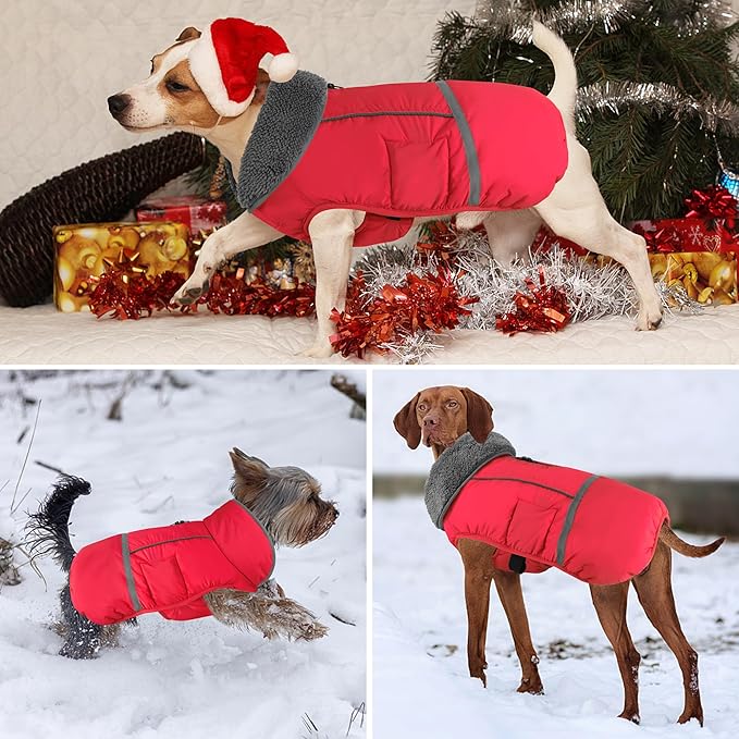 Dogcheer Warm Dog Coat, Christmas Dog Jacket Waterproof Puppy Winter Coat with Buckles, Reflective Adjustable Pet Snow Jacket Turtleneck Fleece Sweater for Small Medium Large Dogs - Red, M