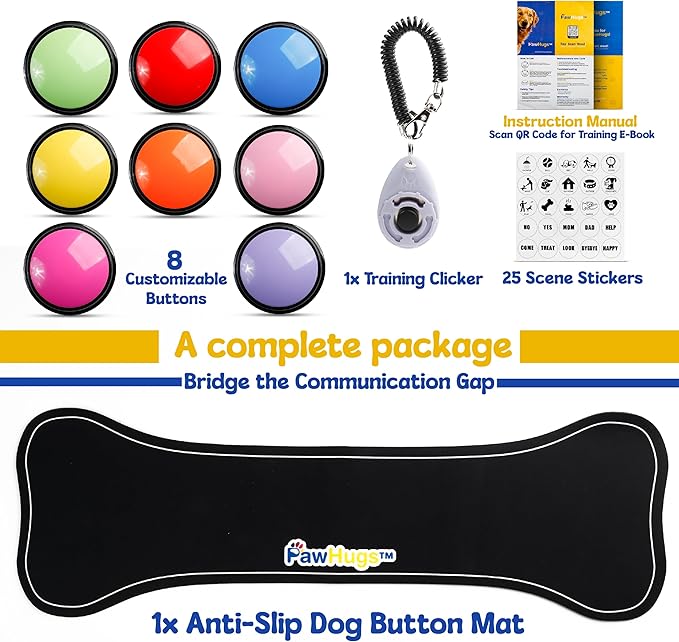 Dog Buttons for Communication – Dog Talking Buttons Starter Set with Mat & Clicker, Recordable Button Talking Buttons for Dogs, Voice Recording Button, Dog Training Buttons (Pack of 8)