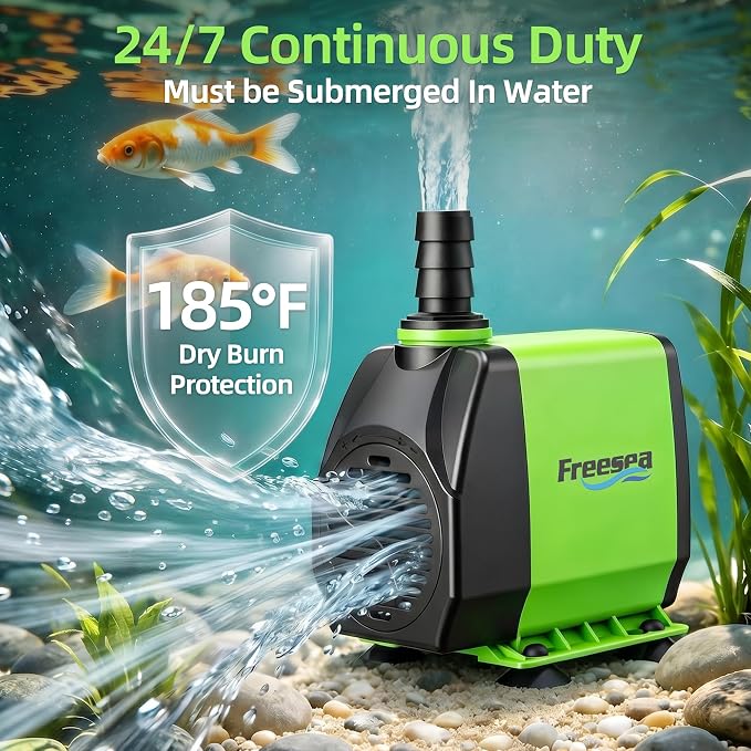 FREESEA 800GPH Small Pond Pump: Circulate 500-1200 Gallon Pond in 1-2 Hours | 24/7 Reliable Operation for Crystal Clear Water & Healthy Koi - 45W Quiet Motor with Adjustable Flow