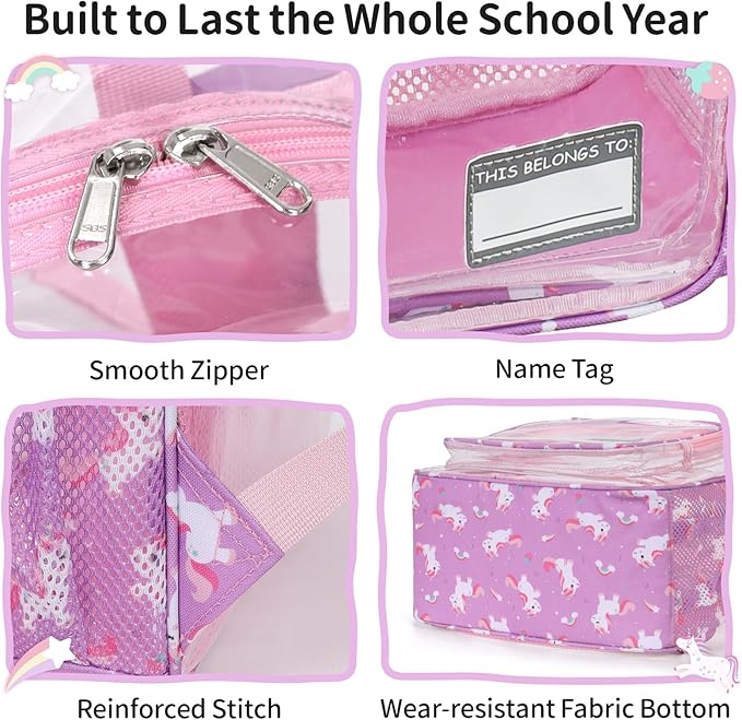Clear Backpack for Girls, 15 Inch Heavy Duty Transparent Bookbag for Kindergarten to 2nd Grade, PVC See Through Daypack with Reflective Straps, Fits Standard Folders, Purple Cute Unicorn