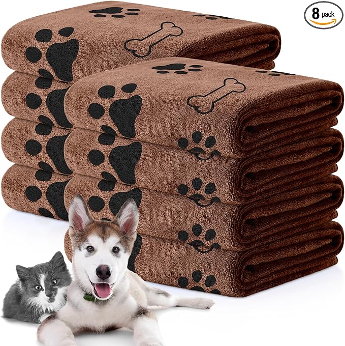 Chumia 8 Pcs Dog Towels for Drying Dogs Cats Pet Towels Bulk Puppy Microfiber Fast Drying Paw Bath Bathing Supplies Absorbent for Medium Pets(40 x 24 Inch,Dog Paw and Bone,Coffee)