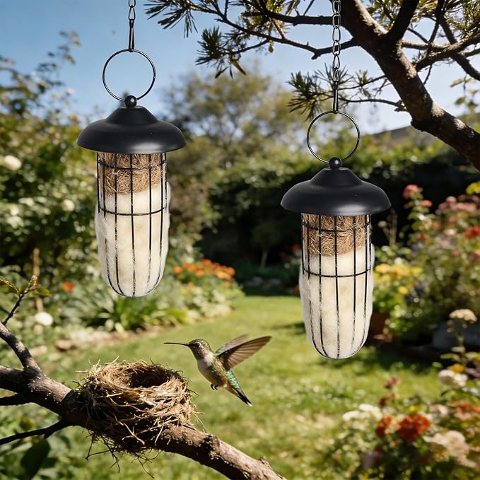 2PCS Bird Nesting Material, Refillable Hummingbird Nesters Metal Cage Holder with Wool Material for Wild Birds Nesting Station, Nest House for Bird Lover Gifts, Bird Watching Gifts for Outdoor Patio