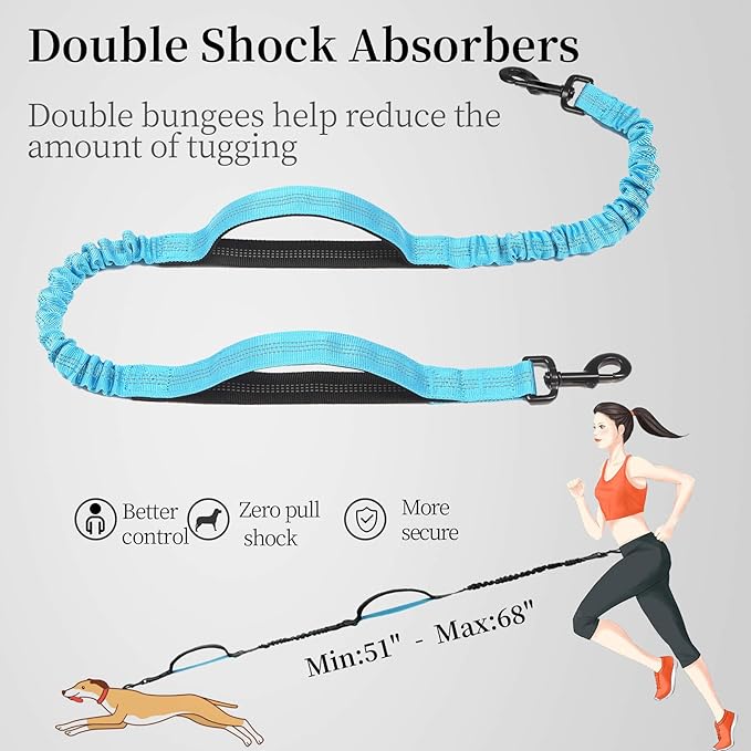 iYoShop Hands Free Dog Leash with Zipper Pouch, Dual Padded Handles and Durable Bungee for Walking, Jogging and Running Your Dog (Large, 25-120 lbs, Blue)