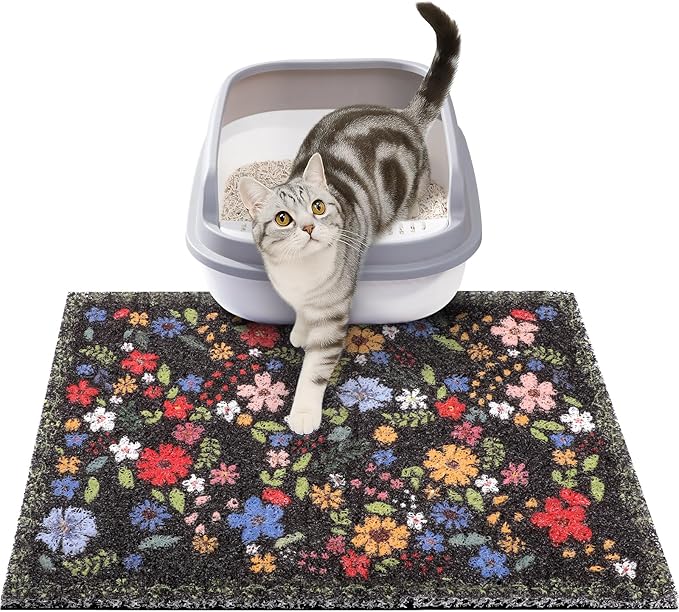 ondware Cat Litter Mat, 20x15 in Litters Box Mat Waterproof Non-Slip Easy to Clean Washable Trapping Mat for Kitty(Black Leaves)