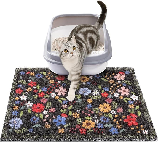 ondware Cat Litter Mat, 20x15 in Litters Box Mat Waterproof Non-Slip Easy to Clean Washable Trapping Mat for Kitty(Black Leaves)