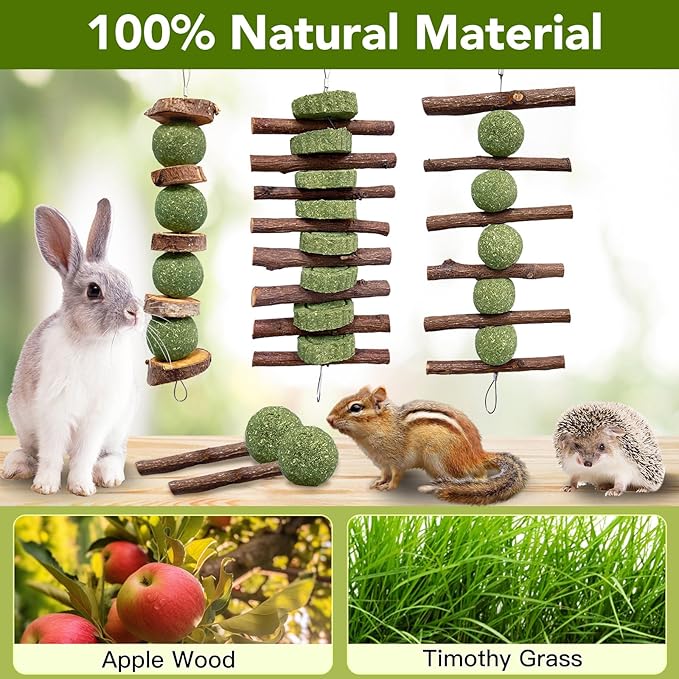 Jorewood 3 Pcs Bunny Chew Toys with 3 Pcs Rabbit Chew Lollipop for Teeth Grinding, Improve Dental Health, Treats for Rabbits Guinea Pigs Chinchillas Bunnies Hamsters