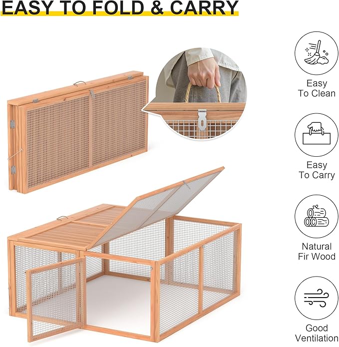 Chicken Coop, Wooden Rabbit Hutch Outdoor Indoor Folding Bunny Cage with Handle Portable Chicken Run with Top & Side Opening Doors Small Animal Playpen No Assembly Pet Poultry Cage for Bunny(Wood)