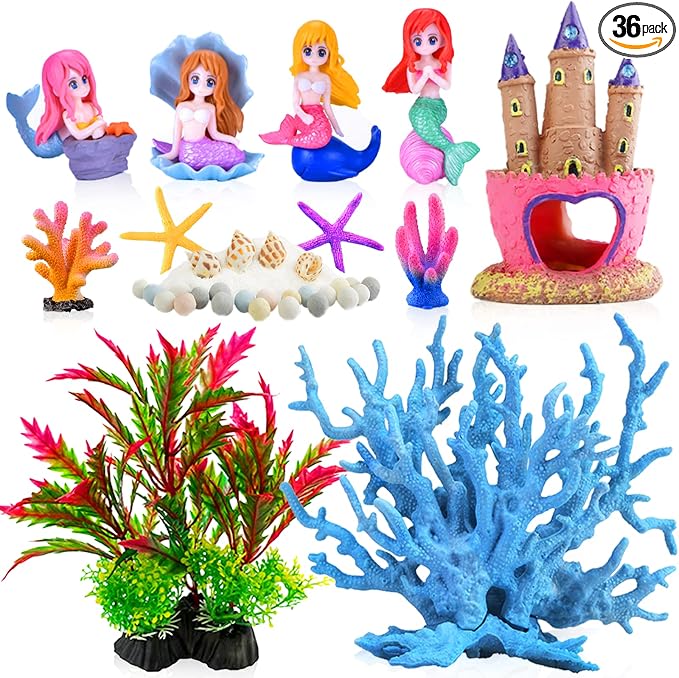 Kooterfun Mermaid's Castle Fish Tank Decorations-28pack Include Castle Hideout, Faux Coral,Starfish and Artificial Plastic Plants Aquarium Décor Accessories for All Fish-Pink