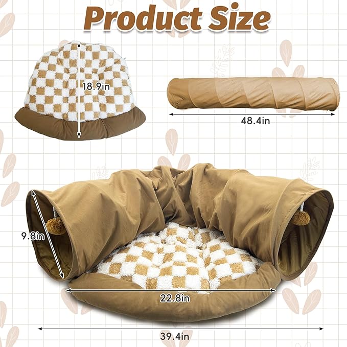 PINVNBY Bunny Tunnel Bed 2-in-1 Removable and Cozy Large Guinea Pig Hideout Tunnel Washable Small Animal Tunnels Tube Toys Guinea Pig Accessories for Rabbit Chinchilla Hedgehog Ferret (Khaki)