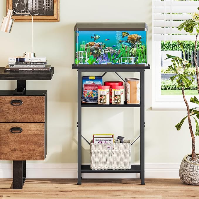 Snughome 5-10 Gallon Aquarium Stand, 3 Tier Fish Tank Stand with Storage, Fish Tank Stand with Metal Frame, Reptile Turtle Tank Stand for Home Office, 20.47" x 11.02" x 30.52", Black