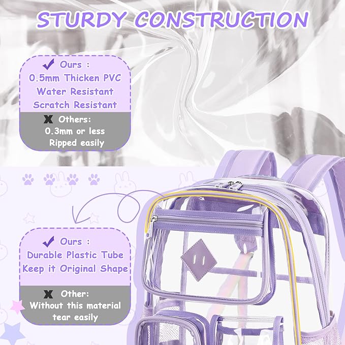 PIG PIG GIRL Clear Backpack for School,Heavy Duty PVC Transparent Bookbag for Girls Stadium Approved See Through Backpack