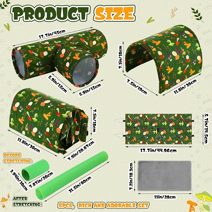 Geelin 5 Pcs Guinea Pig Tunnel Rat Hideout Guinea Pig Hideout 3 Way Ferret Tunnel Rabbit Bed with Curtains Plush Mat Hangable Washable Cage Accessories Bunny House Toys for Small Animal