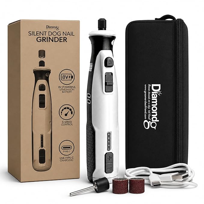 Diamondg Cordless Dog Nail Grinder with Quiet Sound & LED Tip for Large & Small Dogs, 4hrs. Runtime - Electric Dog Nail Trimmer, Heavy Duty Rotary Tool Alternative to Toenail Clippers & Filers