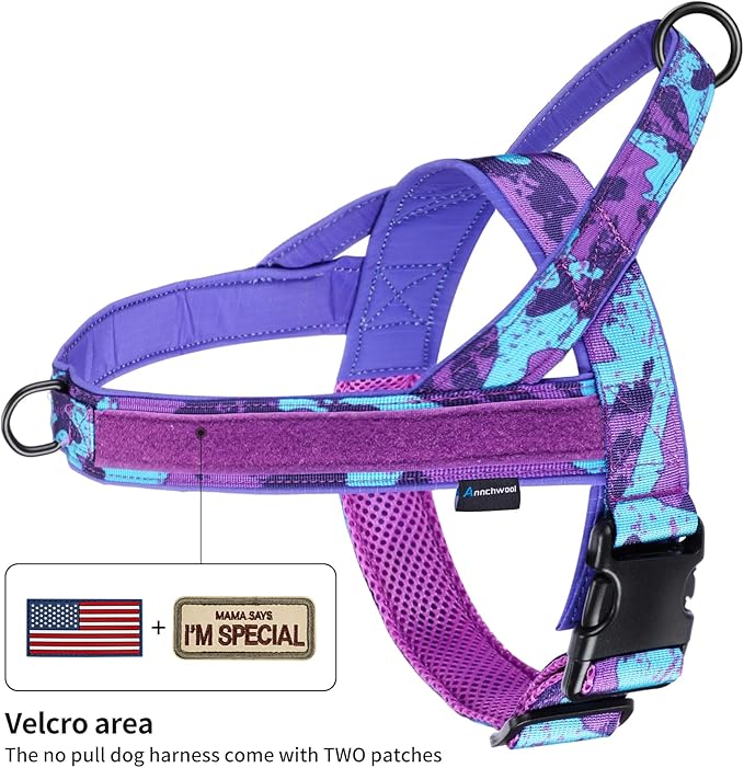 Annchwool No Pull Dog Harness with Soft Padded Handle,Escape Proof and Quick Fit to Adjust Dog Harness,Easy for Training Walking for Small & Medium and Large Dogs(Camo Purple,M)