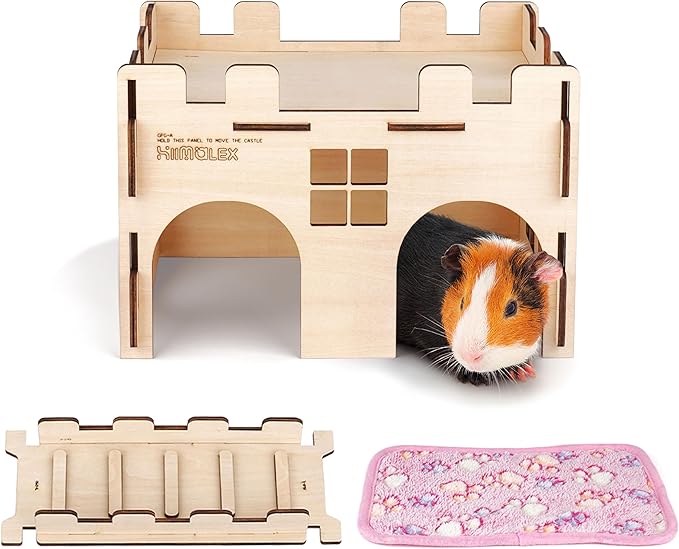 HIIMALEX Sturdy Guinea Pig Hideout Wooden Castle for Guinea Pig Chinchilla Hedgehog Gerbil Hamster Rat House Habitat for Playing and Hiding (GPG-MT)