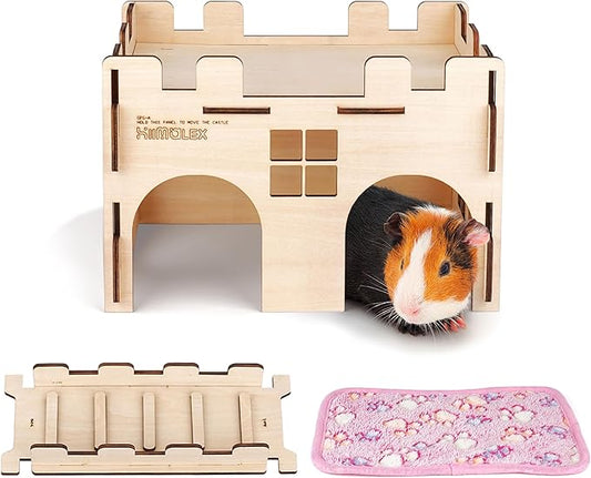 HIIMALEX Sturdy Guinea Pig Hideout Wooden Castle for Guinea Pig Chinchilla Hedgehog Gerbil Hamster Rat House Habitat for Playing and Hiding (GPG-MT)