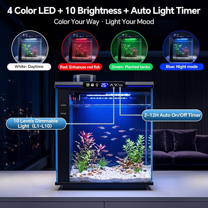AQQA 7.88 Gallon Aquarium Starter Kit, Glass Fish Tank 3-Stage Filtration | Real-Time Temp Monitor, 4-Color Timed LED Light, Quiet Pump, Self Cleaning Desktop Tank for Betta Shrimp, Black
