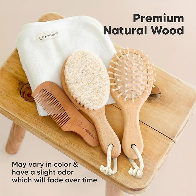 Baby Hair Brush Set for Newborns - Soft Goat Bristle Wooden Baby Brush and Comb Set Newborn Grooming Kit for Cradle Cap, Durable & Gentle, Boy, Girl Infant Essentials Care Kit (Petite, Walnut)