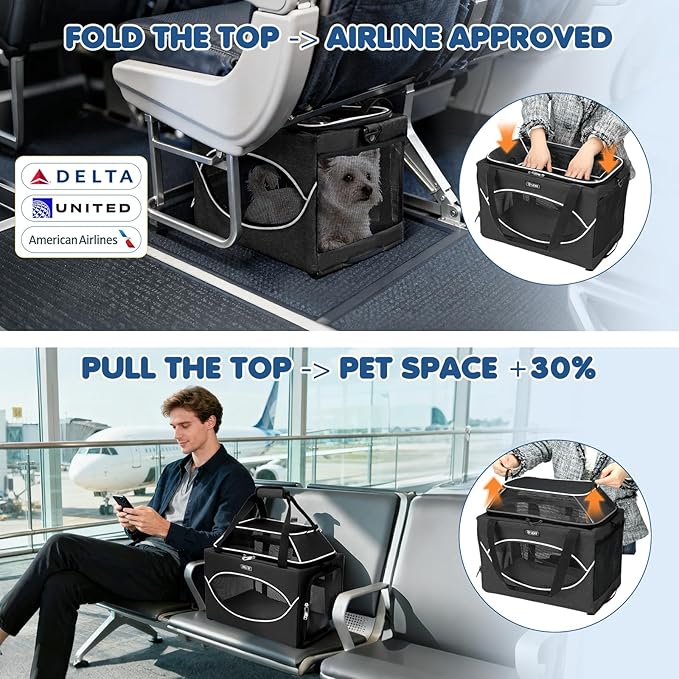 Lekereise Top-Expandable Pet Carrier 18x11x11Inch Delta American United Airline Approved Underseat to 15lbs Stable Car Travel Carriers for Small Dogs Cats with Locking Safety Zippers Anti-Scratch Mesh