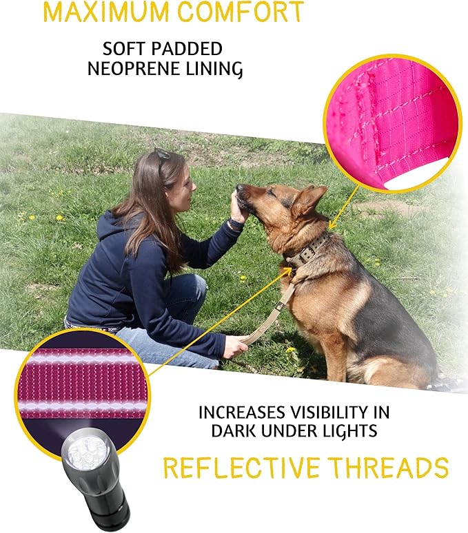 ADITYNA Heavy Duty Dog Collar for Medium Dogs - Reflective Pink Girl Collar with Handle for Training, and Walking - Wide, Thick, Tactical, Soft Neoprene Padded