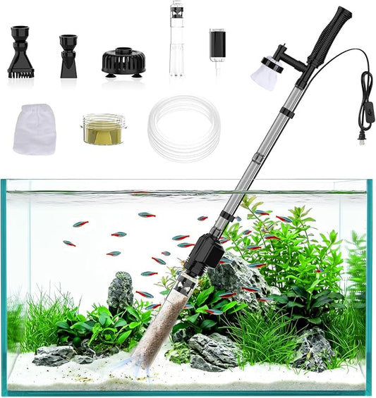 AQQA Aquarium Gravel Cleaner, 6-in-1 Electric Fish Tanks Gravel Vacuum | Anti-Clog Gravel Barrier, Sand Washer, Water Changer, Filter Bag, Adjustable Flow, 320GPH for 15+ Gallon Tanks