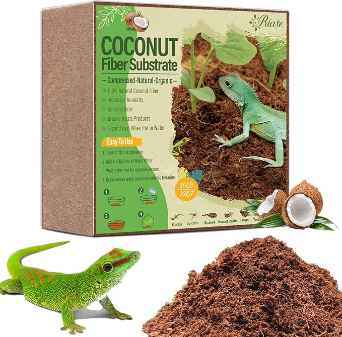 Riare 10 LB Natural Coconut Fiber Substrate, Coco Coir Reptile Bedding | Coconut Husk Reptile Substrate for Tortoises, Hermit Crabs, Snakes, Bearded Dragon, Geckos, Reptile Enclosure/Terrarium Setup