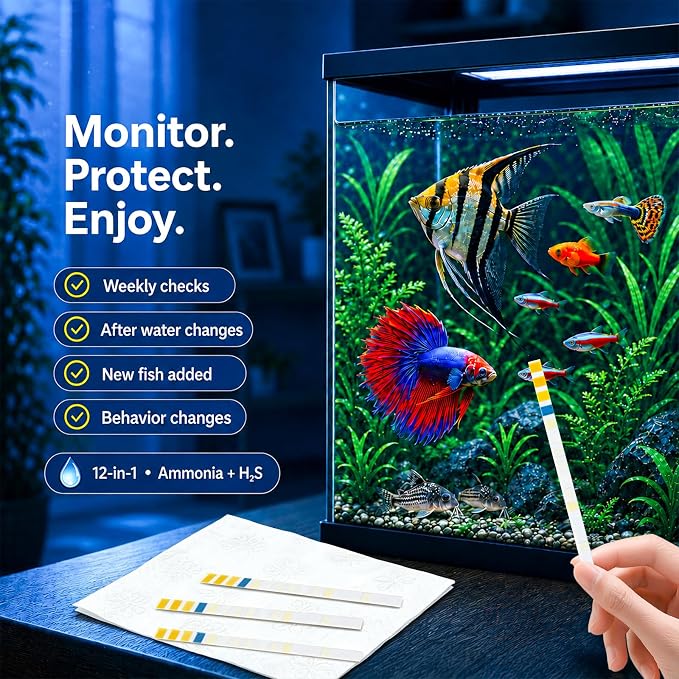 12-in-1 Aquarium Test Strips for Ammonia, 50ct Fish Tank Water Testing Kit | Aquarium Water Test Kit, Fish Tank Test Strips and Water Test Kit for Fish Tank; Detects Hydrogen Sulfide, Nitrate and More