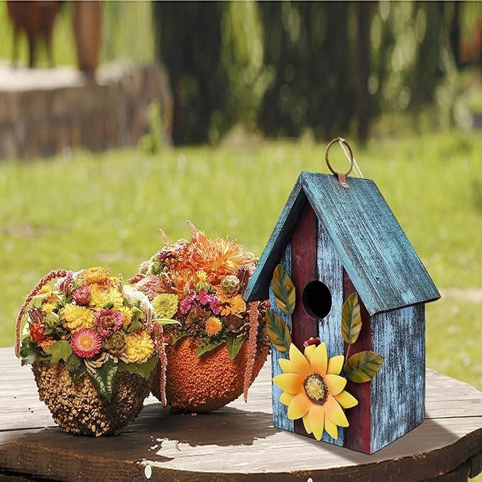 Morning View Wooden Bird Houses for Outside Set of 2 Decorative Hanging Nest Box Birdhouse Spring for Outdoor Small Birds Bluebird Finch Cardinals Wren Garden Yard 9.37 Inch Tall