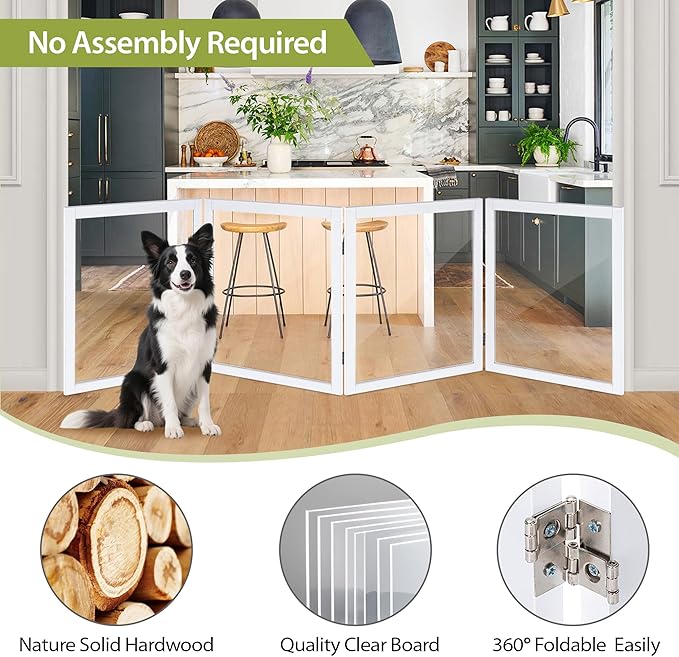 LZRS Extra-Wide Clear Dog Gate for Indoor Use - Transparent Pet Fence with Solid Hardwood and Plastic Board, Stylish & Durable freestanding Pet Gate for Doorways, Stairs and Hallways-4 Panel White