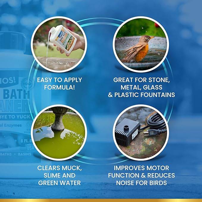 ADIOS! Bird Bath Cleaner for Outdoor Fountains and Bowls, Safely Cleans Metal, Glass and Stone (32oz)