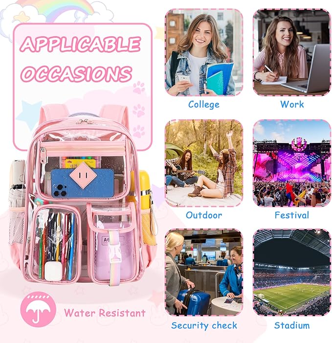 PIG PIG GIRL Clear Backpack for School,Heavy Duty PVC Transparent Bookbag for Girls Stadium Approved See Through Backpack