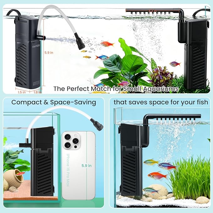 Aquarium Filter, Fish Tank Filter, Suitable for 2-10 Gallon Fish Tanks, 3W 80GPH with Two Modes Switching Function.