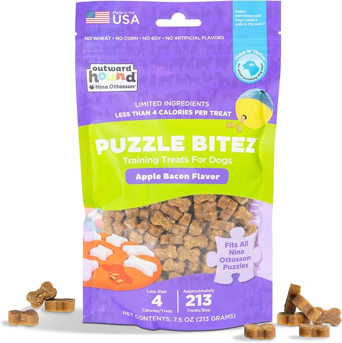 Outward Hound by Nina Ottosson Puzzle Bitez USA Made Dog Treats, Apple Bacon Flavor, Bite-Sized Training Reward and Interactive Puzzle Toy Treats, 7.5oz