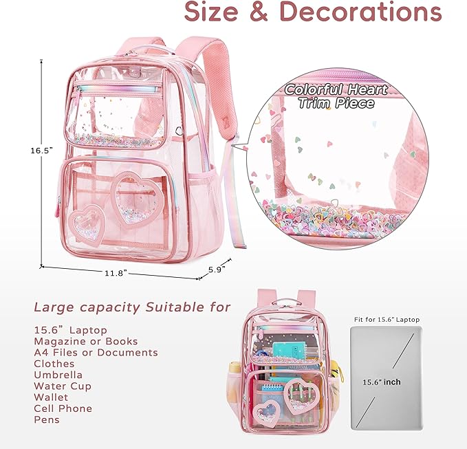 Clear Backpack for Girls,Clear Bookbag Heavy Duty Transparent Backpacks for Stadium Events, See Through Back Pack for Kindergarten Elementary Middle High School (Pink)