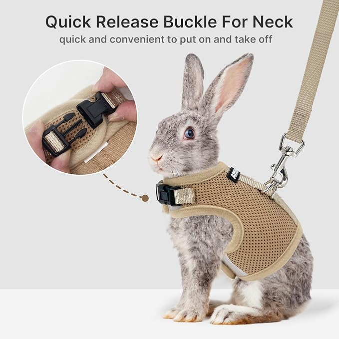 AIITLE Lightweight Escape Bunny Harness and Leash Set - Air Mesh Vest with Double D-Rings, Adjustable & Magic Tape Design, for Ferret/Cat/Puppy Training and Hiking Adventures, Khaki L